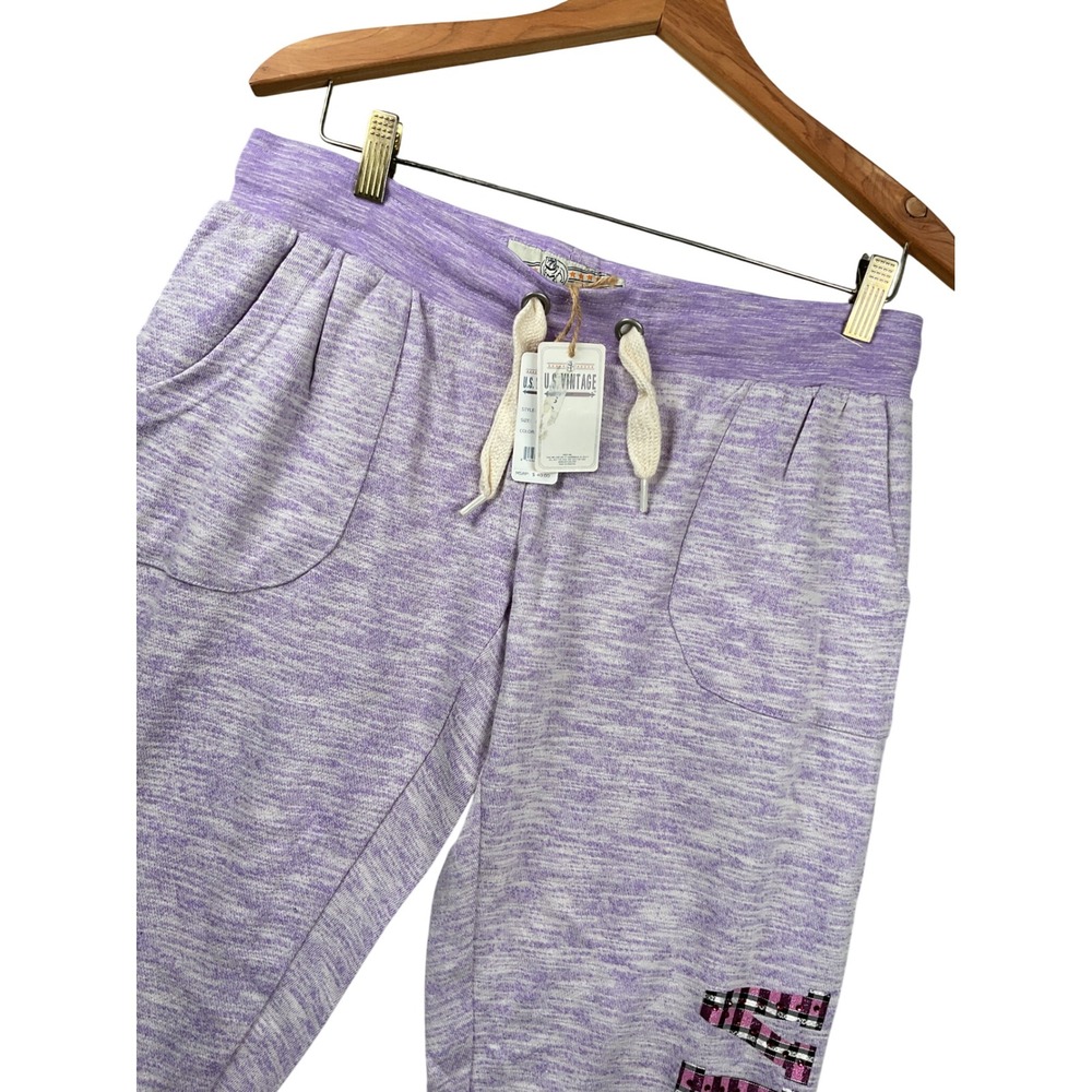 NEW U.S. Vintage Joggers Womens Large Purple Vegas Rhinestone Plaid Sweatpants